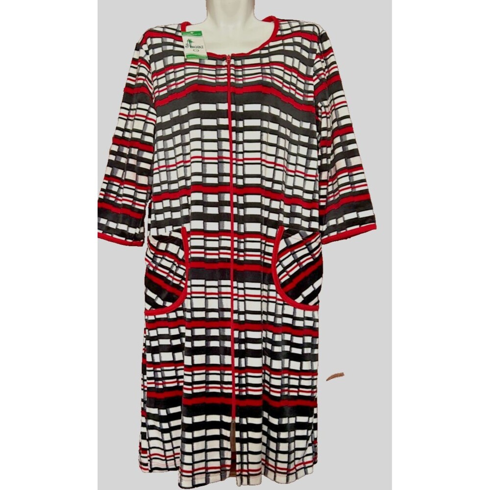 Women M/L Multicolor Soft Velour Zip Front Robe Velvet House Dress 3/4 Sleeve